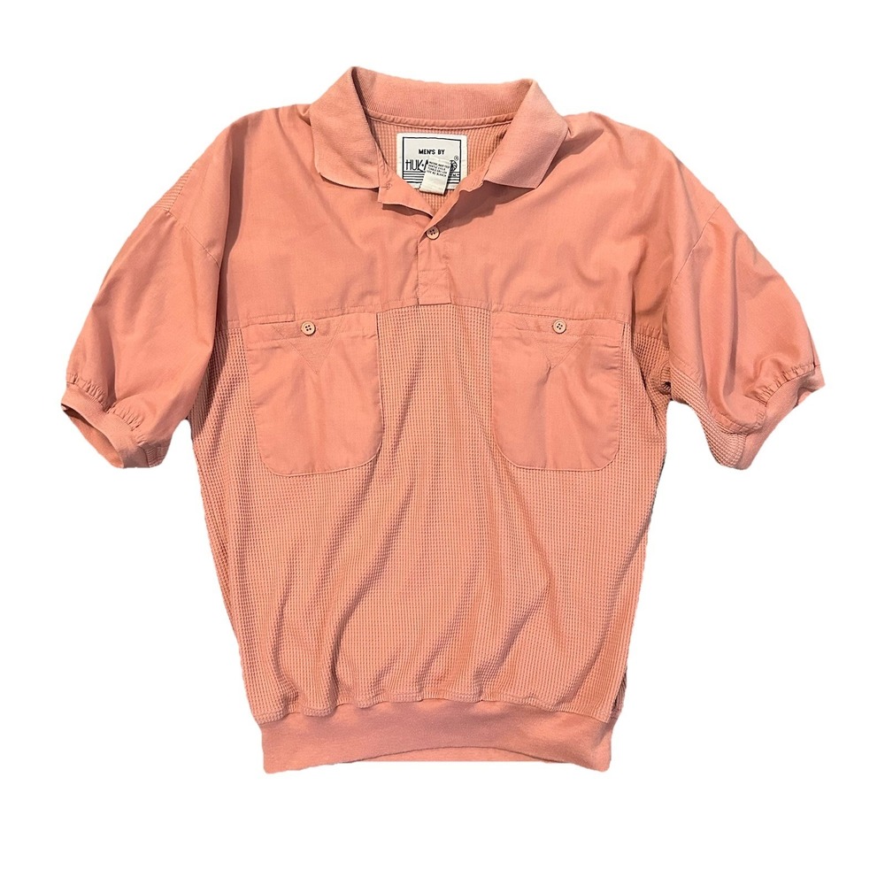 VINTAGE 90s HUK-A-POO Waffle-Knit Banded Bottom Dad Shirt Men Medium‎ Peach